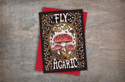 Fly Agaric Greetings Card & Envelope - Whimsical Forest Amanita Muscaria Toadstools Card - Winter Christmas Yule Cottagecore Botanical Greetings Card