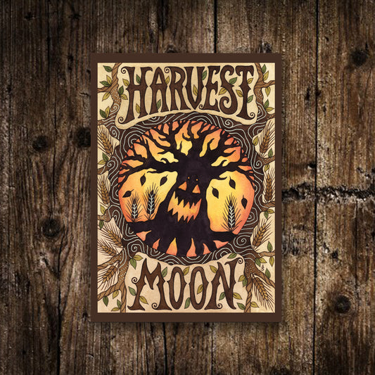 Mini Harvest Moon Print - Small A6 Spooky Pumpkin Tree Illustration - Halloween Samhain Jack-o-Lantern Carving Decoration