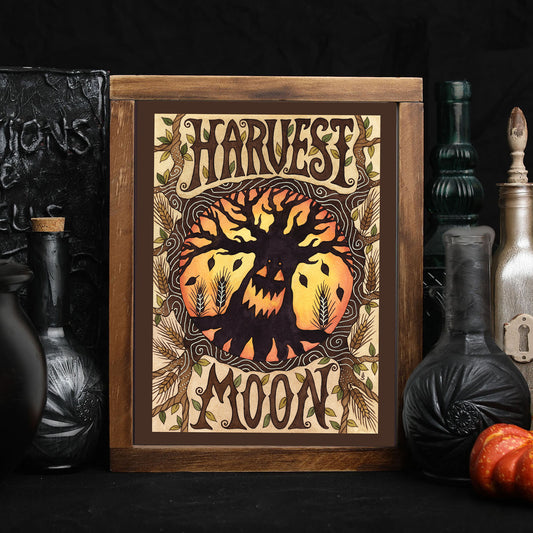 Harvest Moon Print - Spooky Pumpkin Moon A5 - A4 - A3 Watercolour Wall Art - Halloween Samhain Jack-o-Lantern Tree Illustration Print