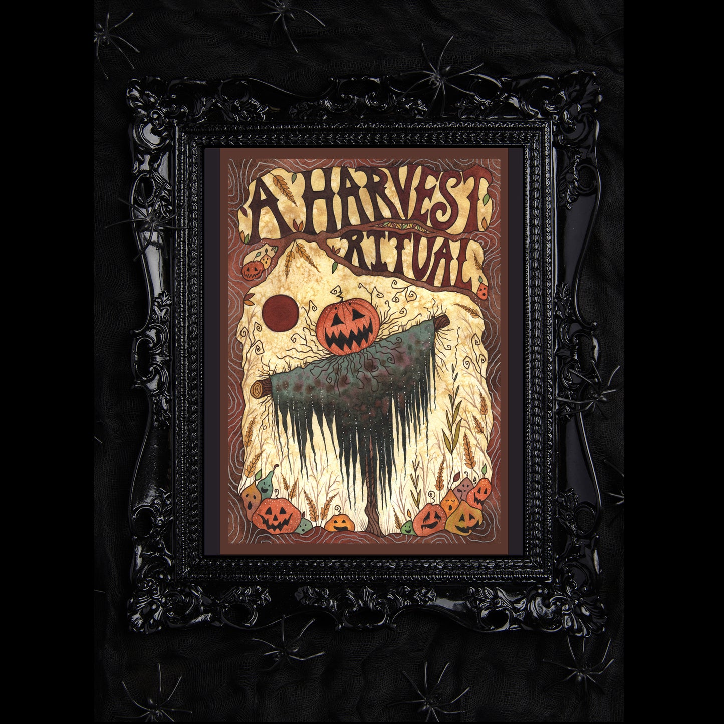 A Harvest Ritual Print - Halloween Scarecrow A5 - A4 - A3 Watercolour Wall Art - Spooky Orange Halloween Pumpkins Jack-O-Lantern Decoration