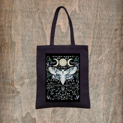 Death's Head Hawkmoth Tote Bag - Botanical Moon Moth Fair Trade Black Cotton Bag - Gothic Witchy Celestial Shopping Tote