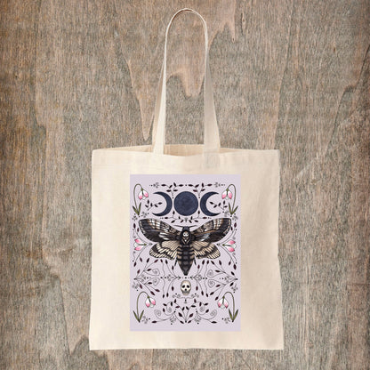 Death's Head Hawkmoth Tote Bag - Botanical Moon Moth Fair Trade Purple Cotton Bag - Gothic Witchy Celestial Shopping Tote