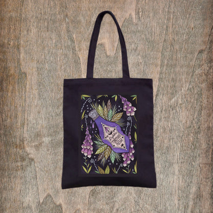 Pure Poison Tote Bag - Spring Summer Floral Foxglove Poison Bottle Fair Trade Cotton Bag - Black Purple Gothic Witchy Bag - Botanical Poisonous Plants Shopping Tote