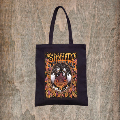 Samhain Tote Bag - Spooky Halloween Turnip Jack-O-Lantern Bag - Trick Or Treat All Hallows' Eve Grocery Shopping Bag