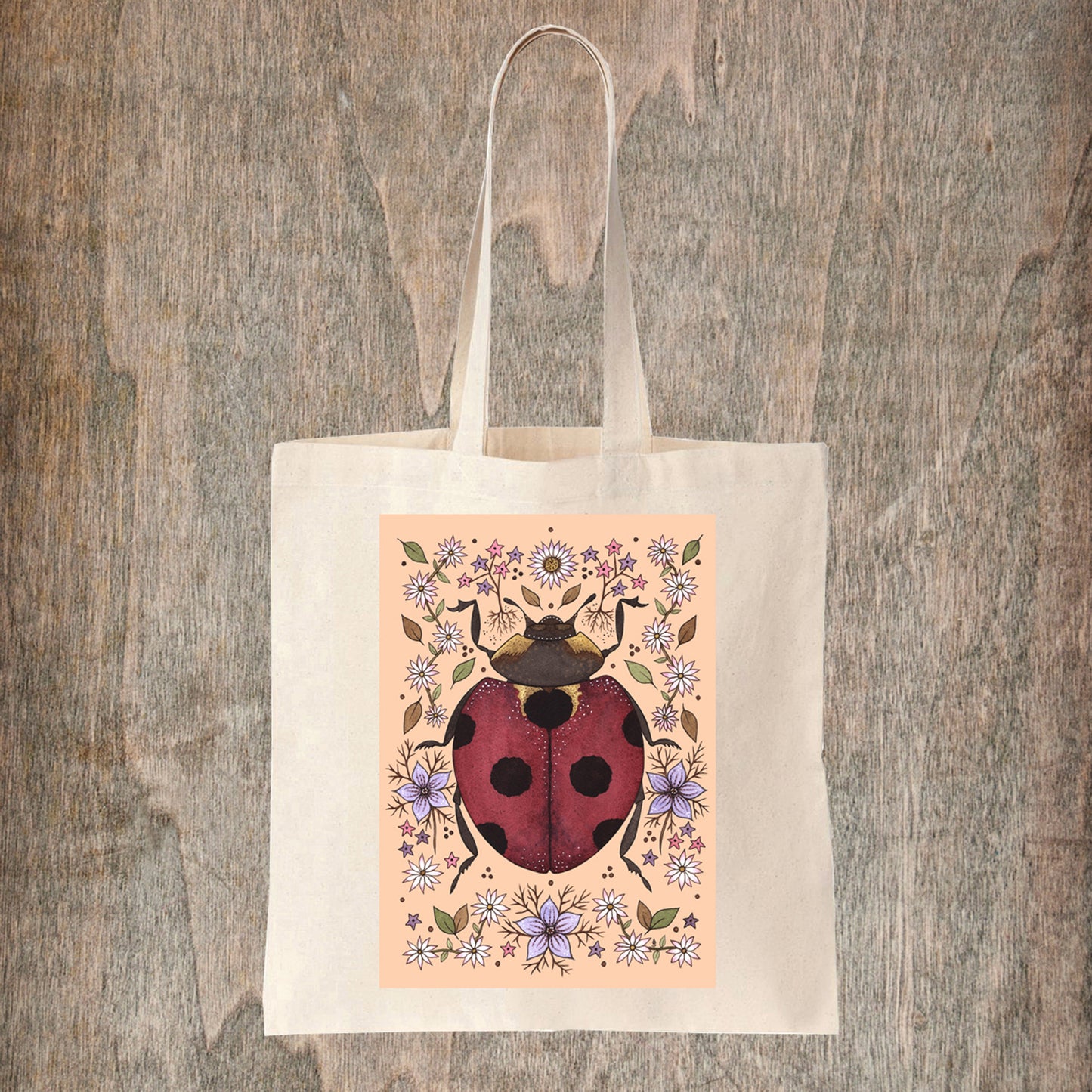 Spring Ladybug Tote Bag - Spring Summer Ladybird Peach Floral Fair Trade Cotton Bag - Cottagecore Garden Wildflower Shopping Tote Bag