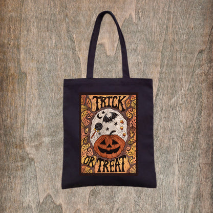 Trick Or Treat Tote Bag - Spooky Halloween Candy Jack-O-Lantern Bag - Trick Or Treat All Hallows' Eve Grocery Shopping Bag