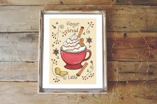 Gingerbread Latte Print - A5 - A4 - A3 Spiced Ginger Coffee Shop Illustration Print - Autumn Winter Christmas Whimsical Food Decor Wall Art