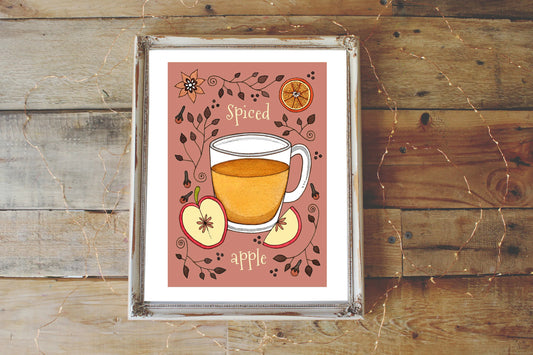 Spiced Apple Print - A5 - A4 - A3 Hot Mulled Apple Illustration - Red Fruit Print Decor - Autumn Winter Cosy Whimsical Cafe Kitchen Wall Art