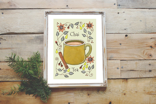 Chai Tea Print - A5 - A4 - A3 Spiced Tea Coffee Shop Green Illustration Print - Autumn Winter Spring Tea Green Decor - Cafe Kitchen Wall Art