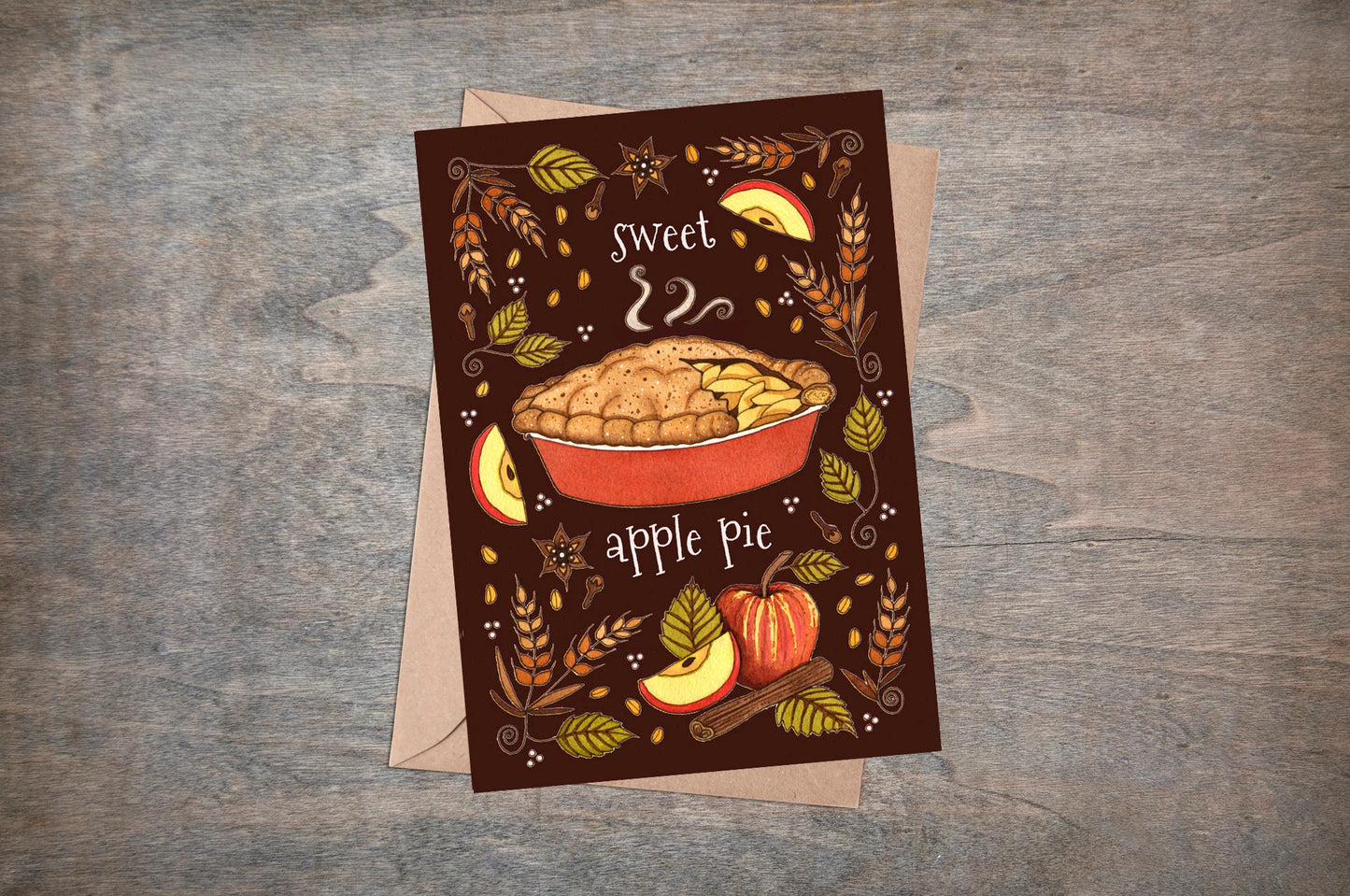 Apple Pie Greetings Card & Envelope - Sweet Apple Pie Autumn Fall Thanksgiving Card - Happy 4th July Card - Food Spice Baking Illustration