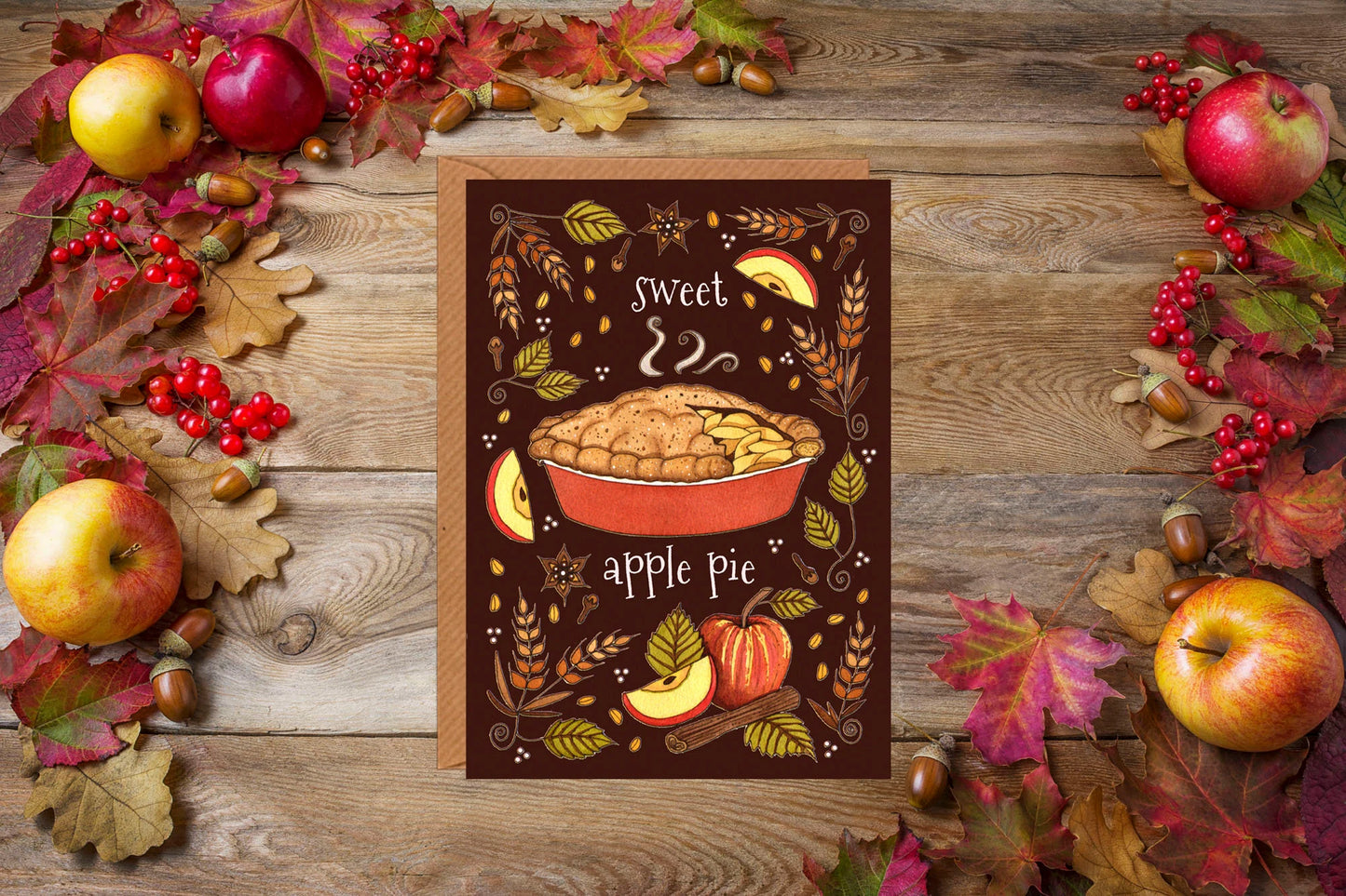 Apple Pie Greetings Card & Envelope - Sweet Apple Pie Autumn Fall Thanksgiving Card - Happy 4th July Card - Food Spice Baking Illustration