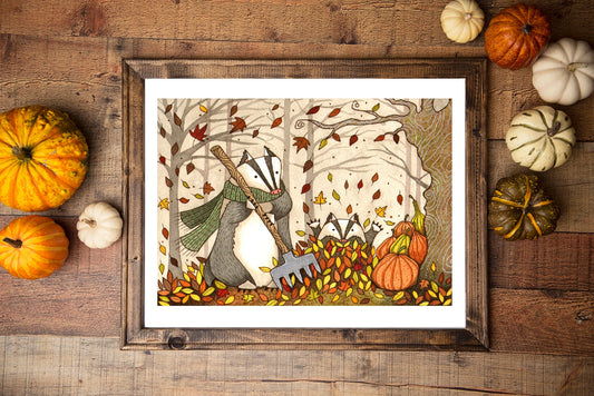 Badger Print - 'Pumpkins At Dusk' Watercolour Badgers A5 - A4 - A3 Illustration Art Print - Autumn Fall Whimsical Woodland Forest Decor