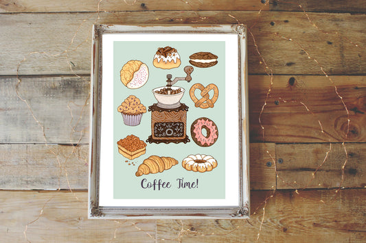 Coffee Time Print - A5 - A4 - A3 Vintage Coffee Grinder & Cakes Blue Illustration Print - Baking Cookies Pretzel Muffins Kitchen Wall Art