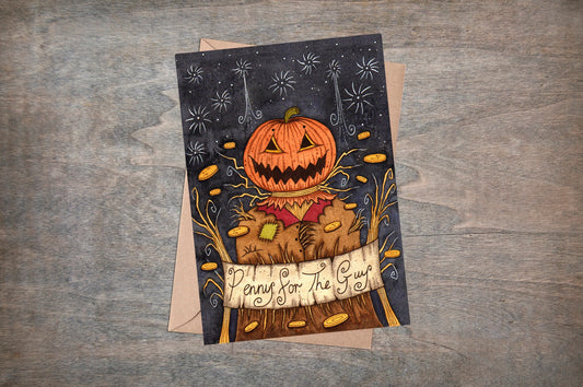 Penny For The Pumpkin Guy Greetings Card & Envelope - Thanksgiving Halloween Bonfire Guy Fawkes Fireworks Card - Jack O Lantern Illustration