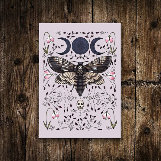 Mini A6 Purple Moth Print - Small Death's Head Hawkmoth Illustration - Witchy Triple Moon Postcard Print - Cute Lilac Ornate Lolita Decor