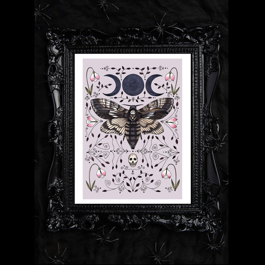 Celestial Moth Print - Purple Death's-head Hawkmoth A5 - A4 - A3 Watercolour Art - Gothic Spooky Moth Moon Decor - Ornate Insect Skull Decor