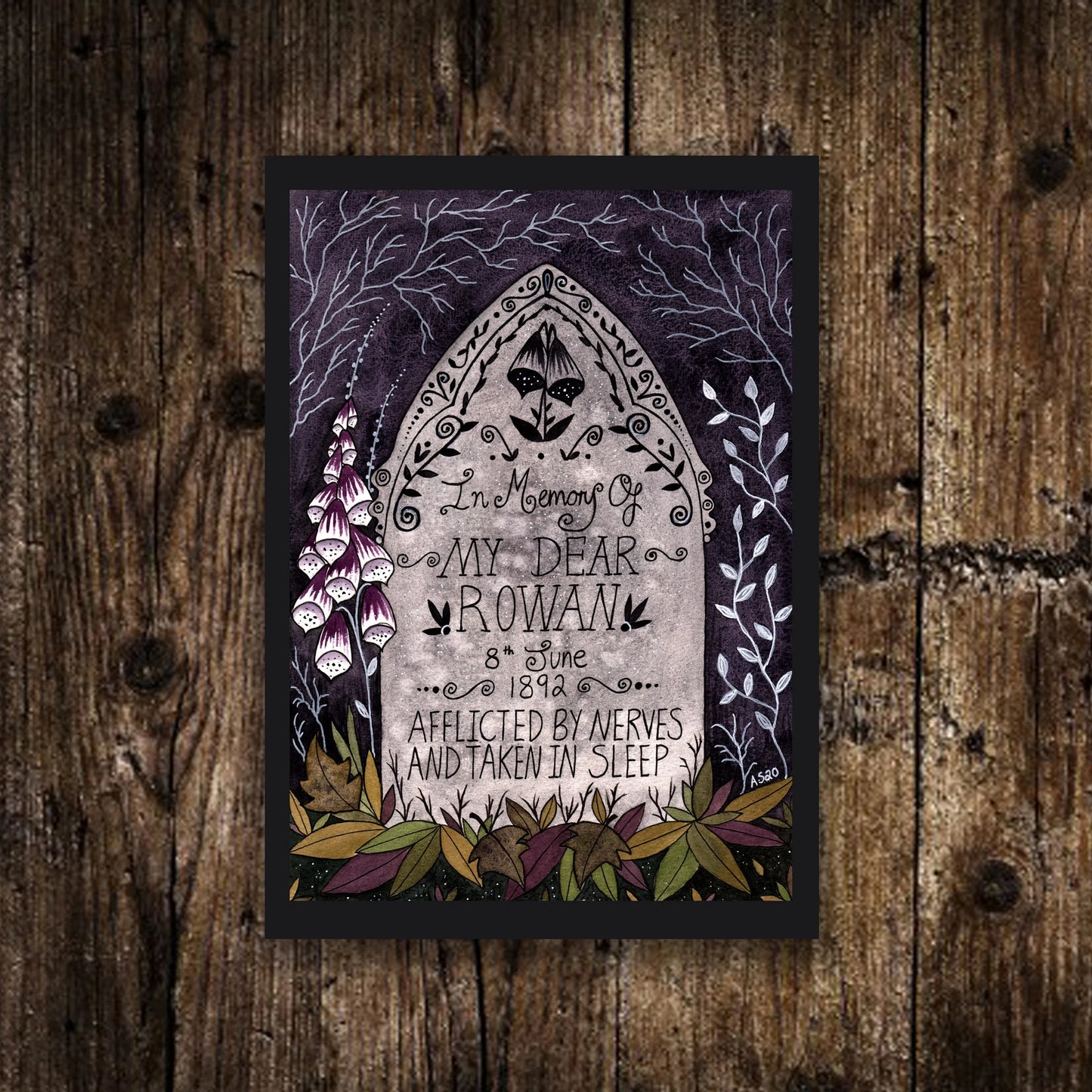 Mini A6 Rowan's Grave Print - Small Foxglove Bride's Gravestone Illustration - Gothic Victorian Print - Spooky Poisonous Foxglove Decor