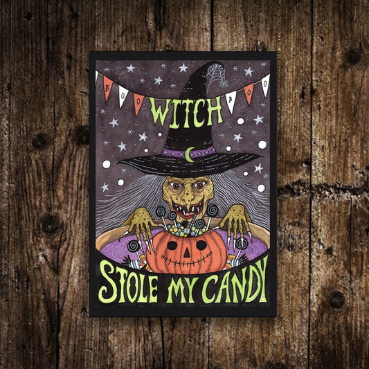 Mini Witches Candy Print - Small A6 Watercolour Witch Stole My Candy Illustration Art - Mini Pumpkin Witch Halloween Samhain Postcard Print