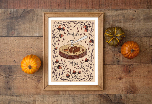 Bonfire Toffee Print - A5 - A4 - A3 Bonfire Night Illustration Print - Autumn Fall Guy Fawkes Kitchen Wall Art - Rustic Food Illustration