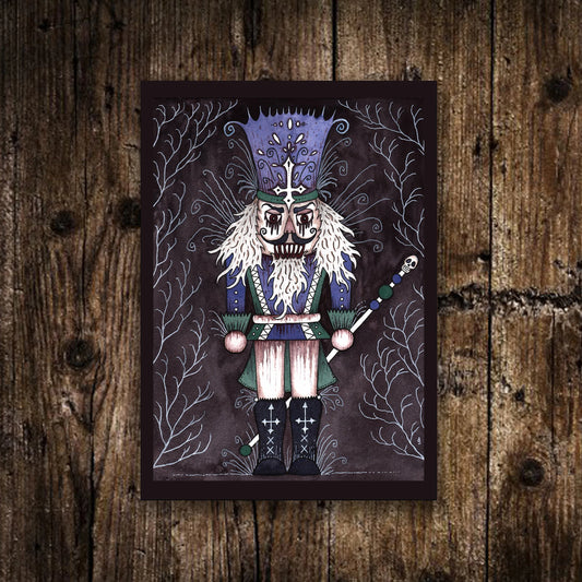 Mini A6 Possessed Nutcracker Print - Small Gothic Winter Illustration - Watercolour Creepy Toy Soldier Postcard - Spooky Creepy Christmas