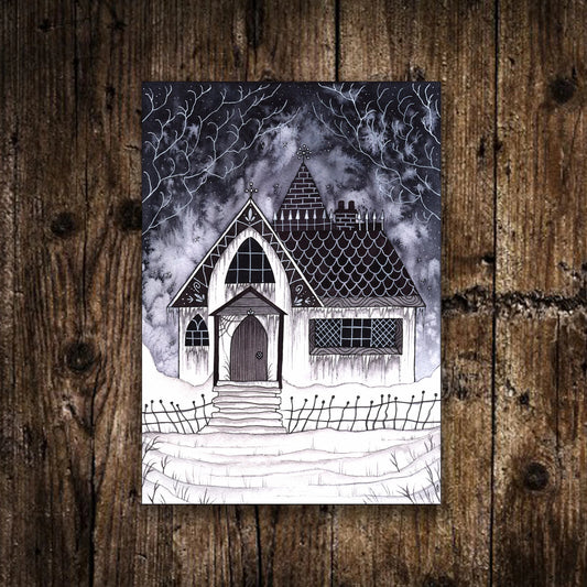 Mini A6 Winter At Foxglove manor Print - Small Gothic Snow House Illustration - Winter Watercolour Postcard Print - Victorian Christmas Art