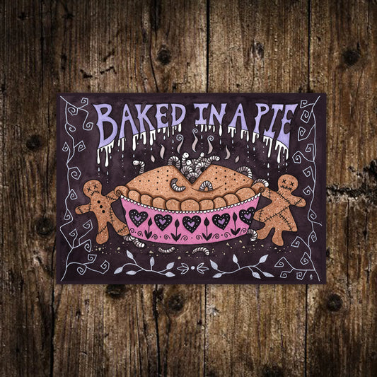 Mini A6 Baked In A Pie Print - Small Spooky Maggot Gingerbread Pie Illustration - Watercolour Horror Kitchen Print - Creepy Christmas Baking