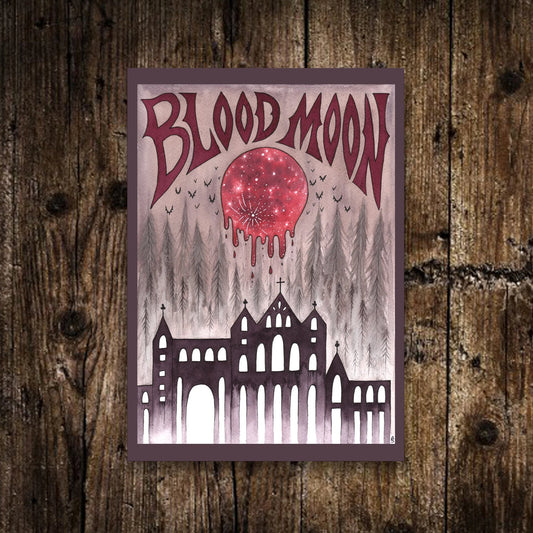 Mini A6 Blood Moon Print - Small Watercolour Gothic Red Moon Sky Illustration - Purple Red Sepia Spooky Cathedral Abbey Art Postcard