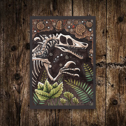 Mini A6 Fossilised Fear Print - Small Velociraptor Fossil Ammonite Trilobite Postcard - Dino paleontology Gift - Spooky Dinosaur Bones Art