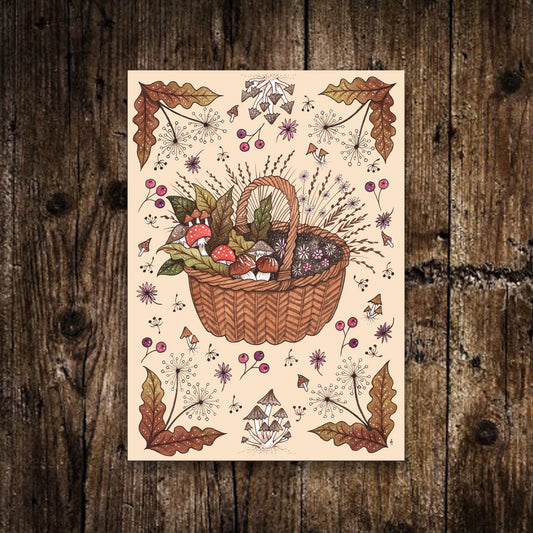 Mini A6 The Forager's Basket Print - Small Mushroom Illustration - Rustic Fungi Berry Foraging Art Print - Whimsical Woodland Cottage Decor