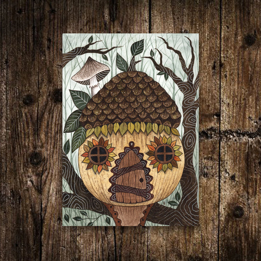 Mini Acorn Cottage Print - Small A6 Whimsical Treehouse Pixie Goblin Cottage Illustration - Mini Green Autumn Leaves Postcard Print