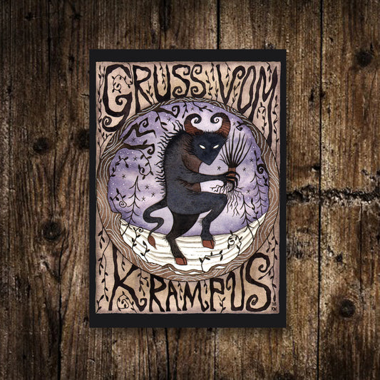 Mini A6 Gruss Vom Krampus Print - Small Gothic Winter Yule Illustration - Purple Watercolour Krampus Night Decoration