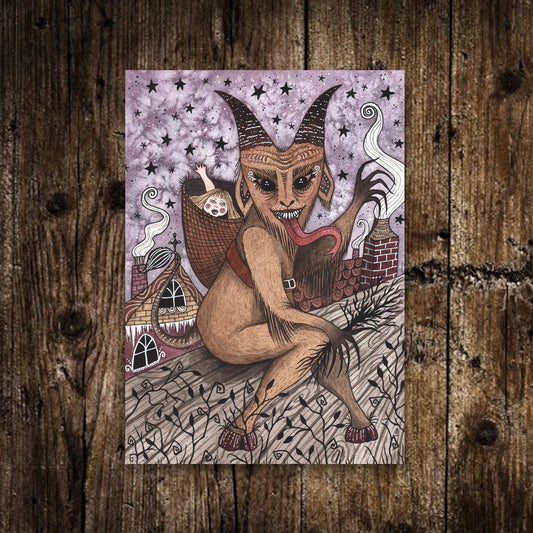 Mini A6 Baby Krampus Print - Small Spooky Krampus Night Gothic Yuletide Illustration - Watercolour Pagan Dark Winter Fairy Tale Decoration