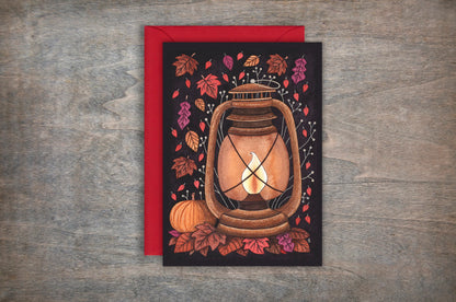 Winter's Flame Greetings Card & Envelope - Rustic Vintage Oil Lantern Illustrated Card - Red Orange Cosy Autumn Winter New Years Lamp Card