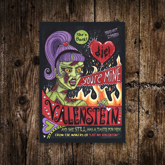 Mini A6 Valenstein Print - Small Spooky B-Movie Zombie Illustration - Mini Horror Film Poster Postcard - Spooky Zombie Halloween Decoration