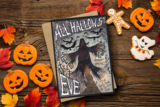 All Hallows' Eve Greetings Card & Envelope - Spooky Halloween Horror Scarecrow Illustrated Card - Vintage Retro Style Halloween Samhain Card