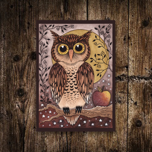 Mini A6 Wise Old Owl Print - Small Whimsical Vintage Style Halloween owl Illustration - Brown Halloween Owl And Moon Book Nook Wall Art