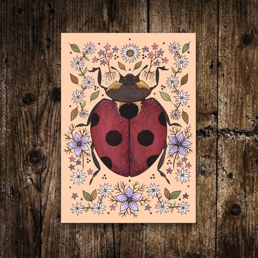 Mini A6 Spring Ladybug Print - Small Spring Summer Peach Lady Bird Illustration - Cottagecore Garden Postcard Print - Cute Floral Bug Decor