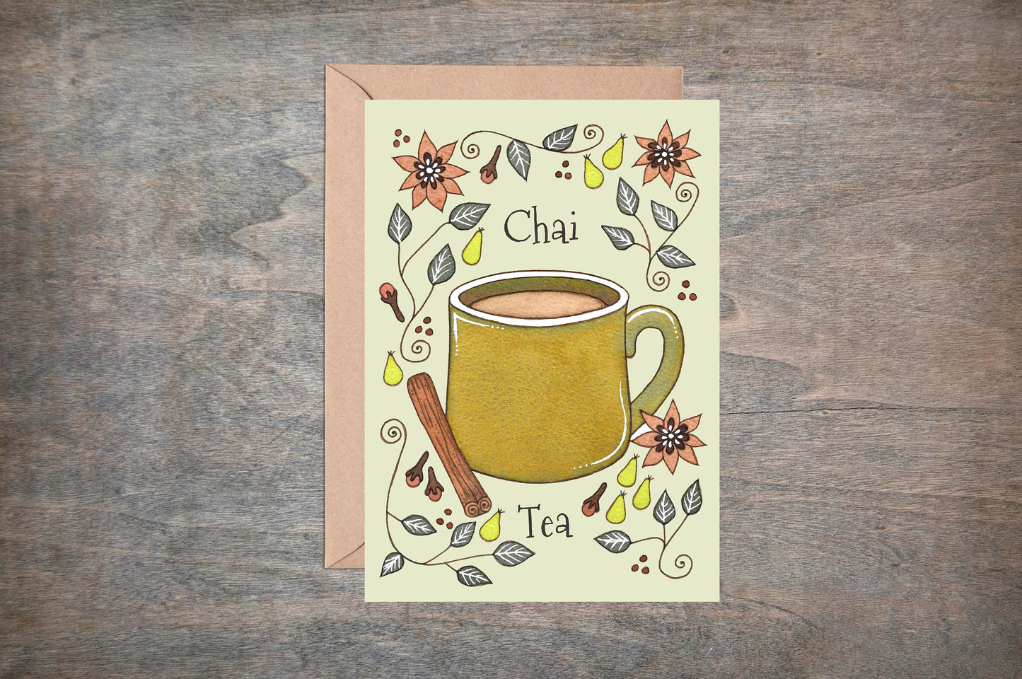 Chai Tea Greetings Card & Envelope - Spiced Tea Cosy Winter Green Christmas Card - Cinnamon Chai Spice Coffee Shop Cafe Hot Drinks Card