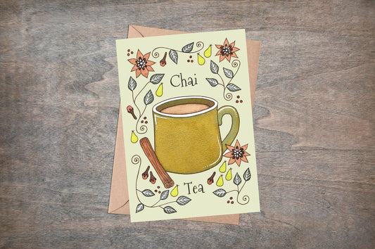 Chai Tea Greetings Card & Envelope - Spiced Tea Cosy Winter Green Christmas Card - Cinnamon Chai Spice Coffee Shop Cafe Hot Drinks Card