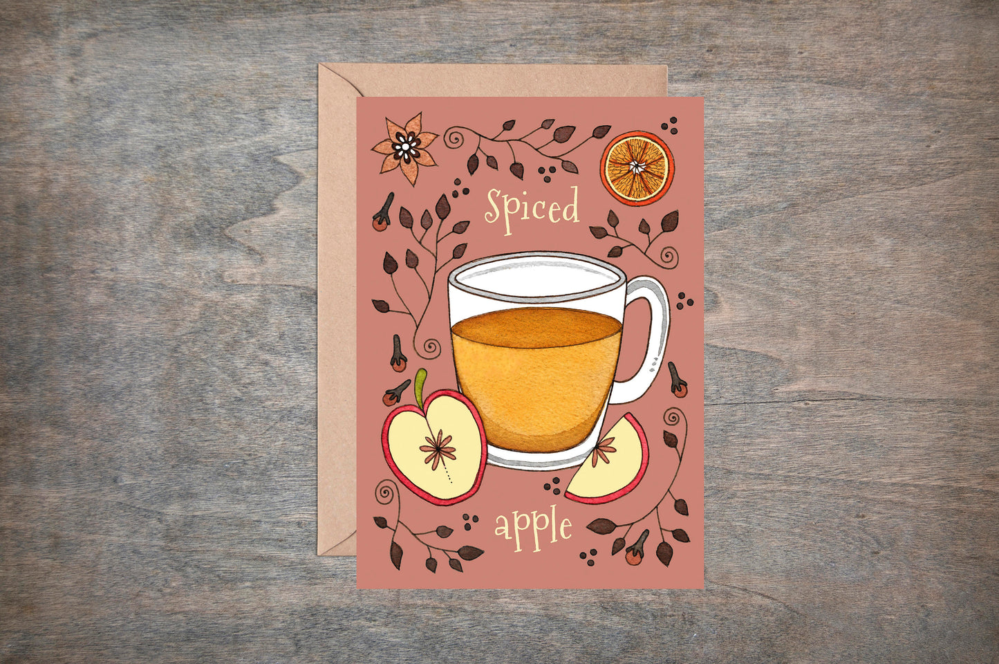 Spiced Apple Greetings Card & Envelope - Whimsical Cosy Hot Mulled Apple Cider Winter Christmas Card - Coffee Shop Cup Cafe Hot Drinks  Card