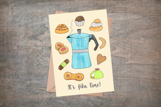 Fika Greetings Card & Envelope - It's Fika Time! Nordic Swedish Inspired Coffee Treats - Cinnamon Roll Semla Baking Cake Lover Birthday Card