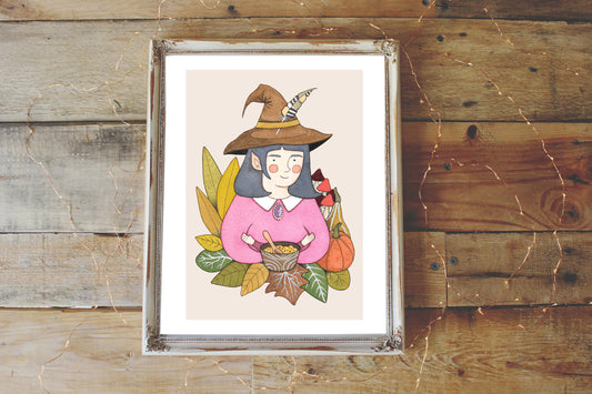 Hedgewitch Print - Watercolour Hazel Witch A5 - A4 - A3 Illustration Print - Whimsical Autumn Halloween Decor - Toadstool Wicca Pagan Art