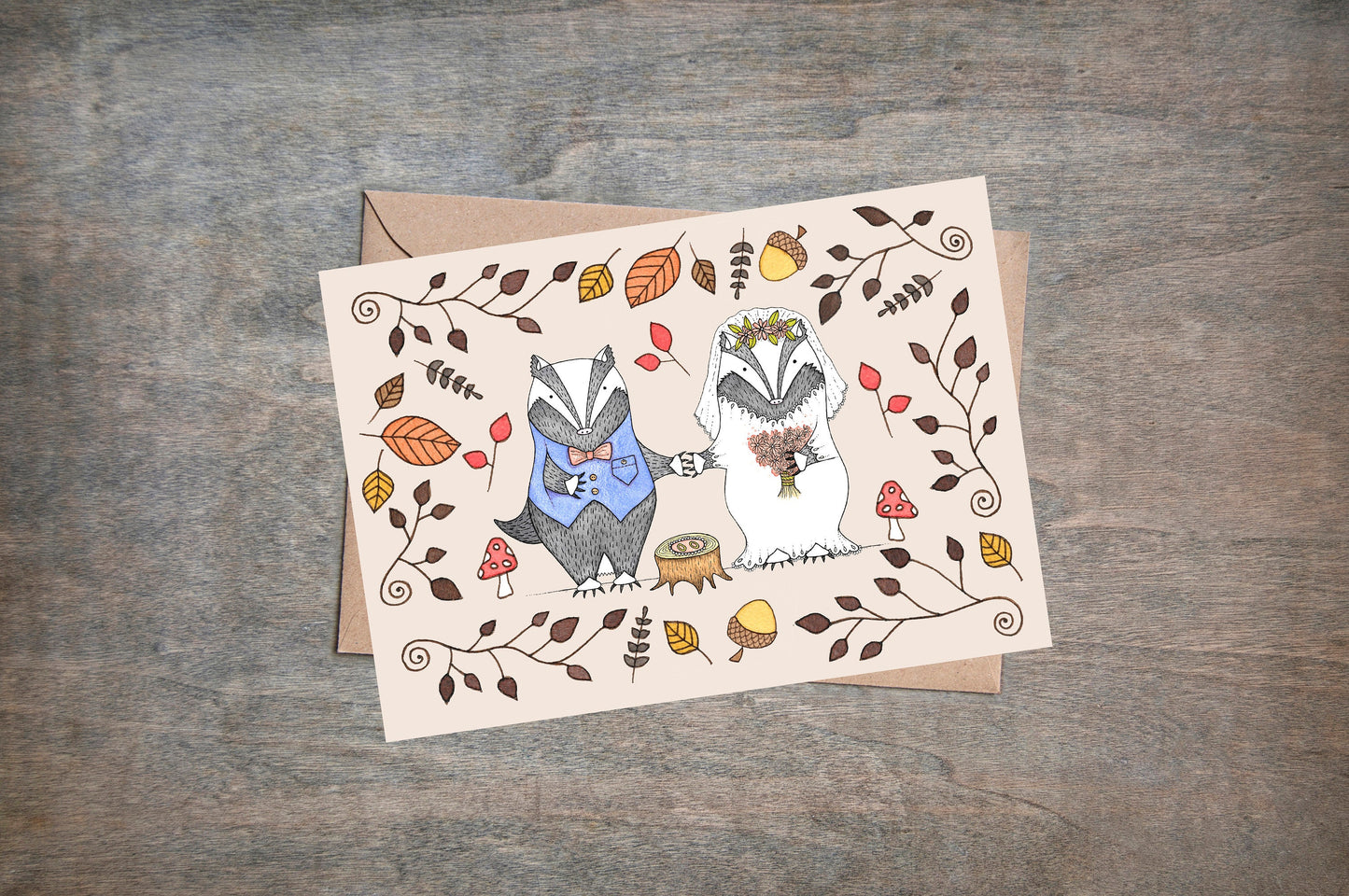 Badger Woodland Wedding Card & Envelope - Cute Woodland Congratulations Engagement Love Card - Forest Nature Wedding - Bride And Groom Card