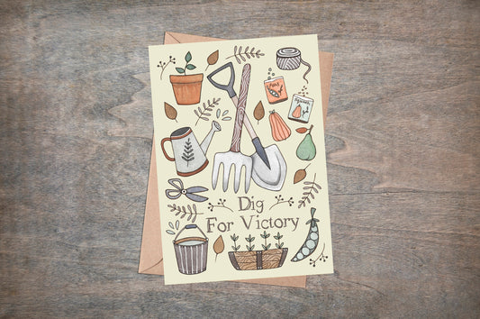 Dig For Victory Greetings Card & Envelope - Gardening Birthday Card - Vegetable Allotment Card - Retro Vintage Fathers Mothers Day Card