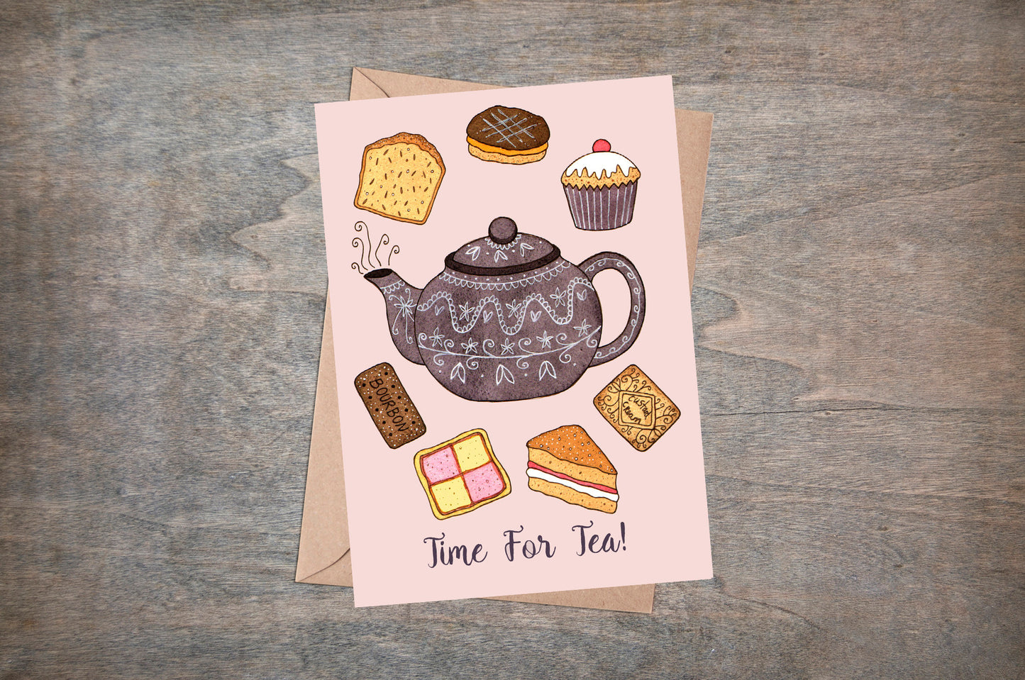 Tea Greetings Card & Envelope - Time For Tea! British High Tea And Cakes - Vintage Teapot Pink Mothers Day Card - Baking Lover Birthday Card