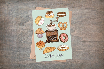 Coffee Time! Greetings Card & Envelope - Vintage Coffee Grinder And Baked Treats - Doughnut Pretzel Croissant Cookies Cakes Baking Birthday