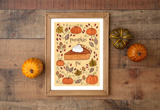 Pumpkin Pie Print - Orange Autumn Fall A5 - A4 - A3 Illustration Art Print - Rustic Thanksgiving Decor - Halloween Food Kitchen Baking Print