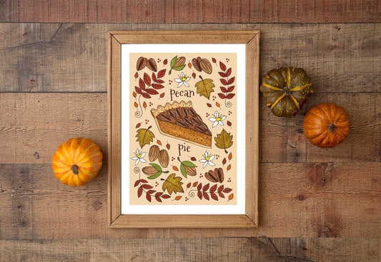 Pecan Pie Print - Brown Autumn Fall A5 - A4 - A3 Illustration Art Print - Rustic Thanksgiving Decor - Halloween Food Kitchen Baking Print