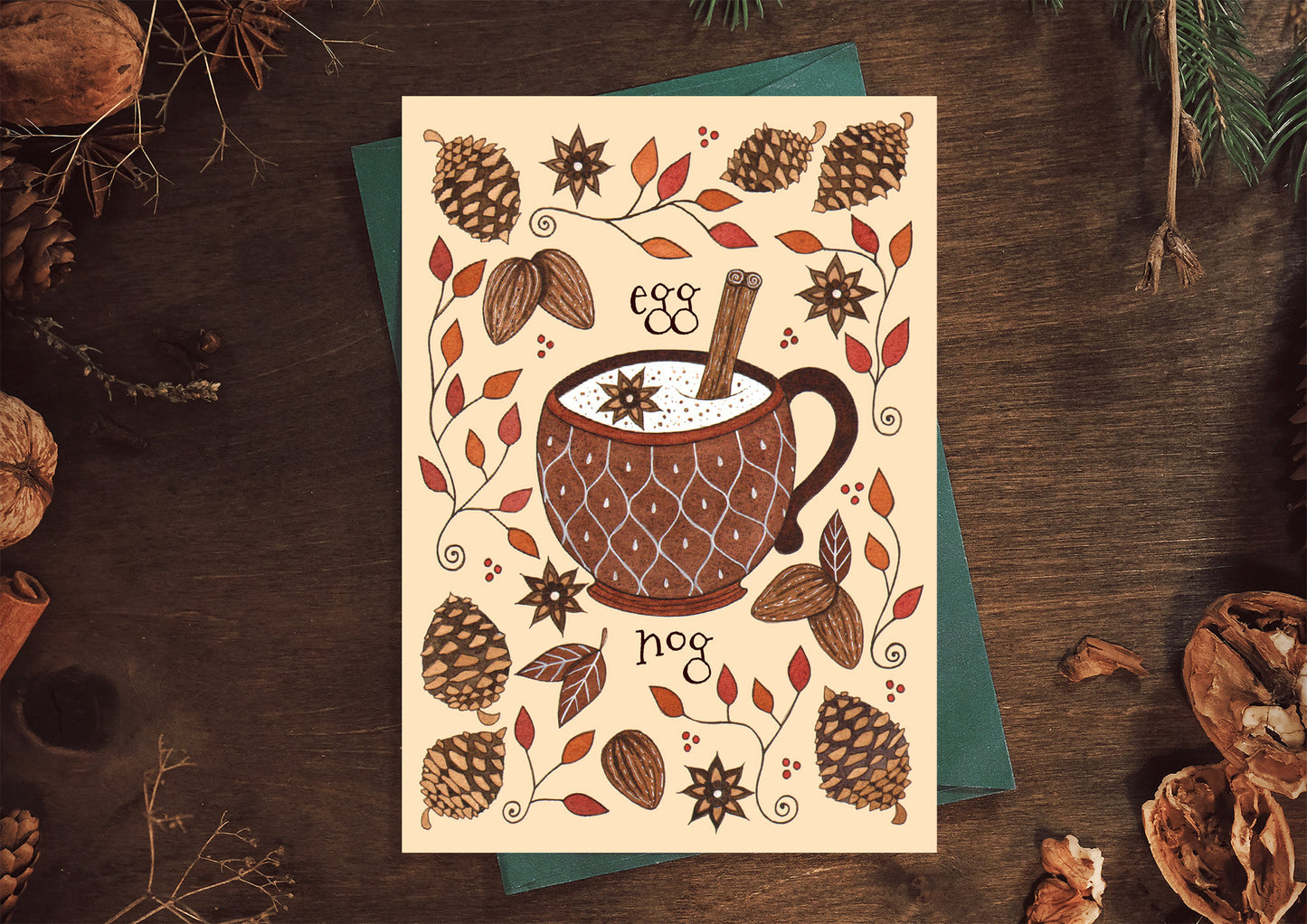 Eggnog Greetings Card & Envelope - Festive Spiced Egg Nog Cream Brown Copper Card - Winter Christmas Pinecones Baking Spices Hot Drinks