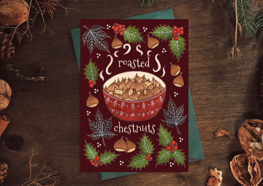 Roasted Chestnuts Greetings Card & Envelope - Red Brown Bowl Of Chestnuts Festive Card - Winter Christmas Food Holly Berries Illustration